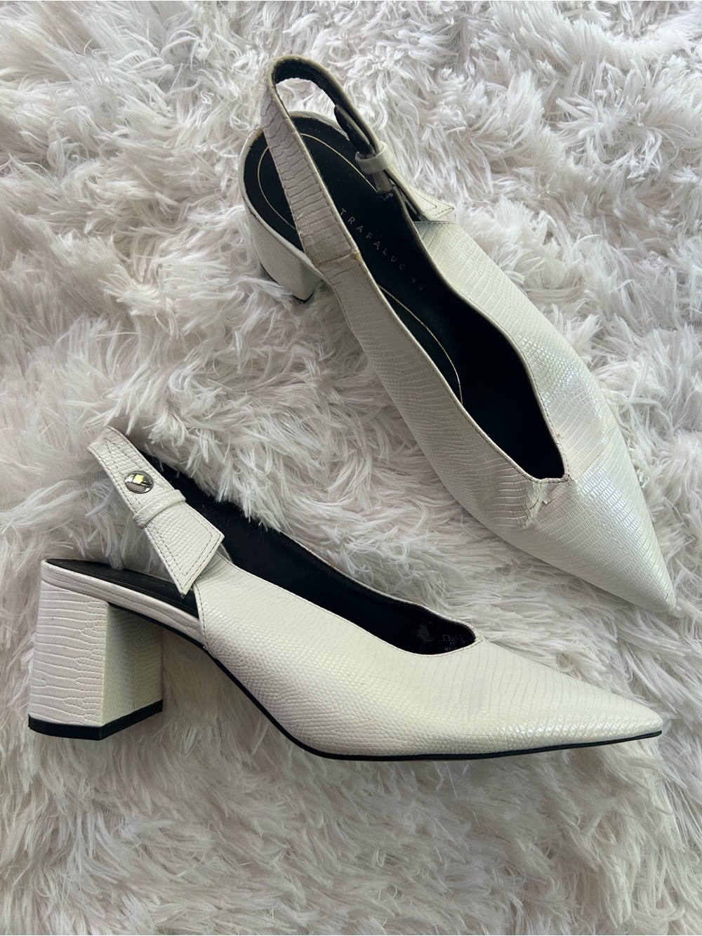 Zara Trafaluc White Textured Pointed Toe Slingback Heels Size 40